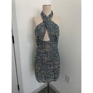 Symphony Sequin Dress Women L Silver Iridescent Halter Neck Cut Out Party Mini